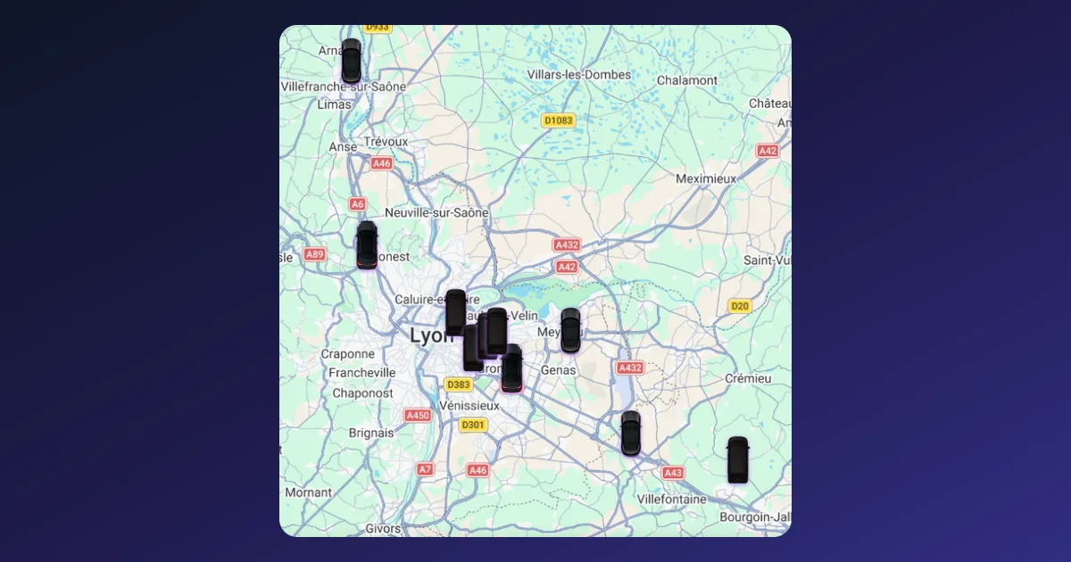 Carte des chauffeurs ONLY VTC répartis en temps réel sur la métropole de Lyon