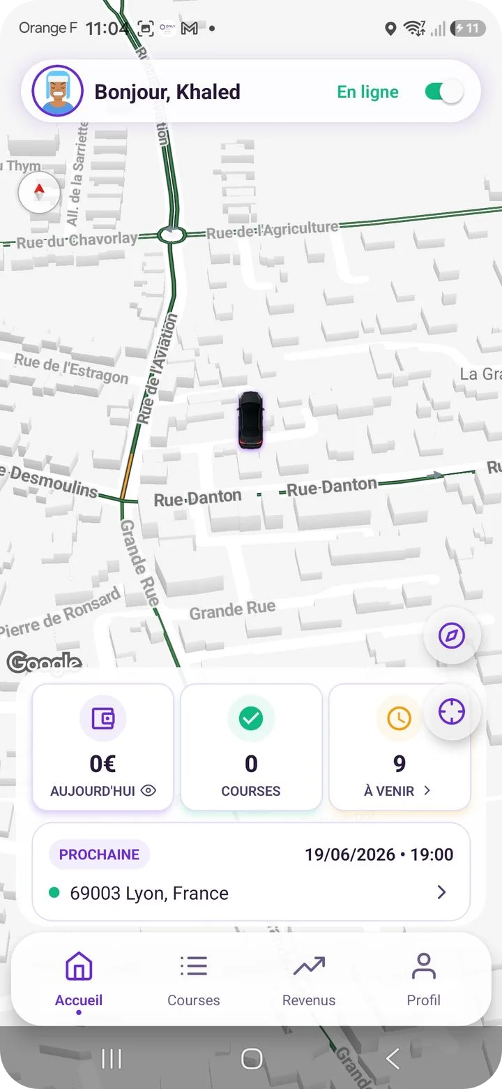 Application chauffeur ONLY VTC — courses à venir et carte temps réel
