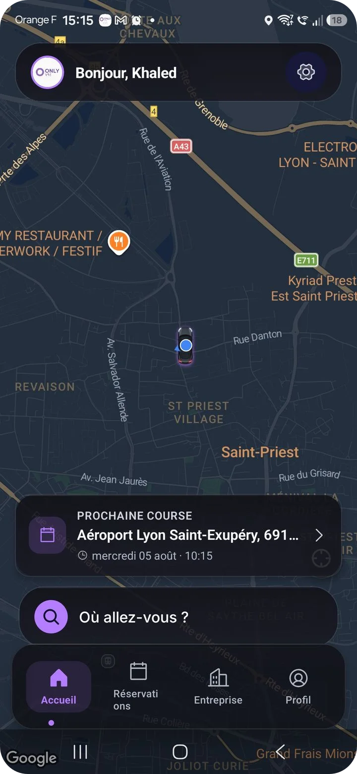 Application client ONLY VTC — accueil, prochaine course et recherche de destination
