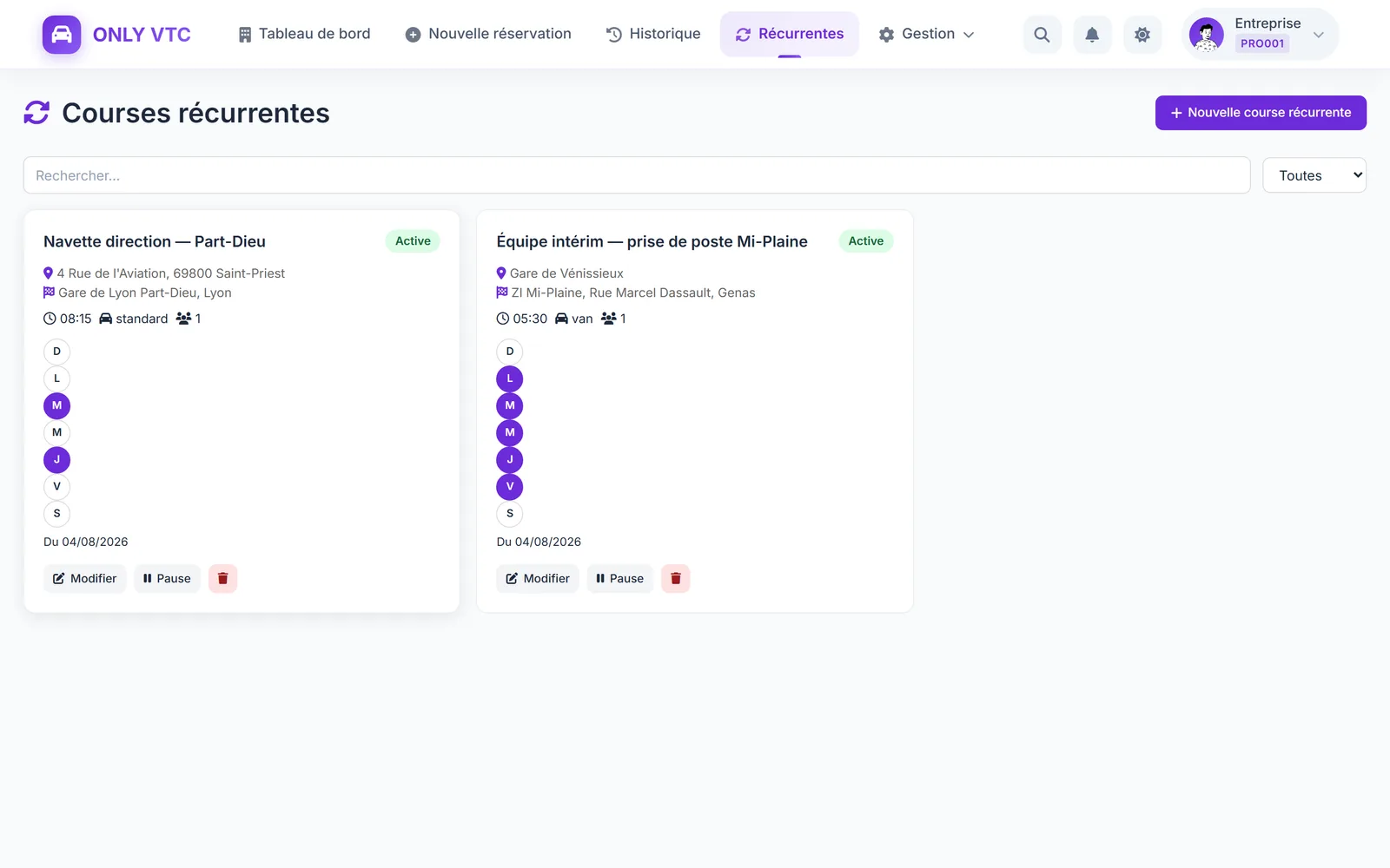 Portail entreprises — courses récurrentes programmées